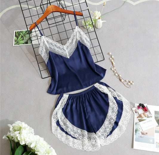 blue silk lace night cami short luxury sexy lingerie