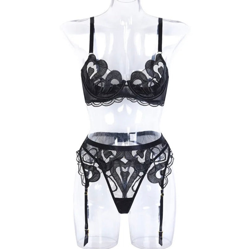3 piece black lingerie set, luxury sexy lingerie, front