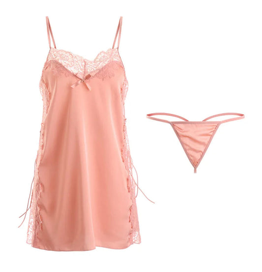Pink Peach silk lace nightdress luxury sexy lingerie