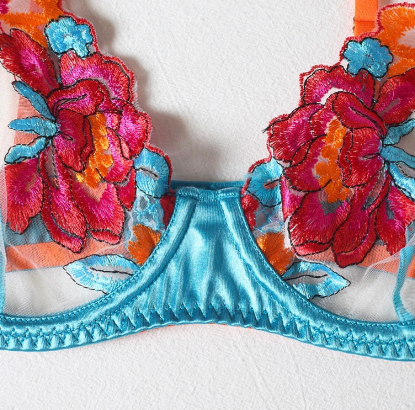 blue orange floral sexy luxury 3 piece lingerie set