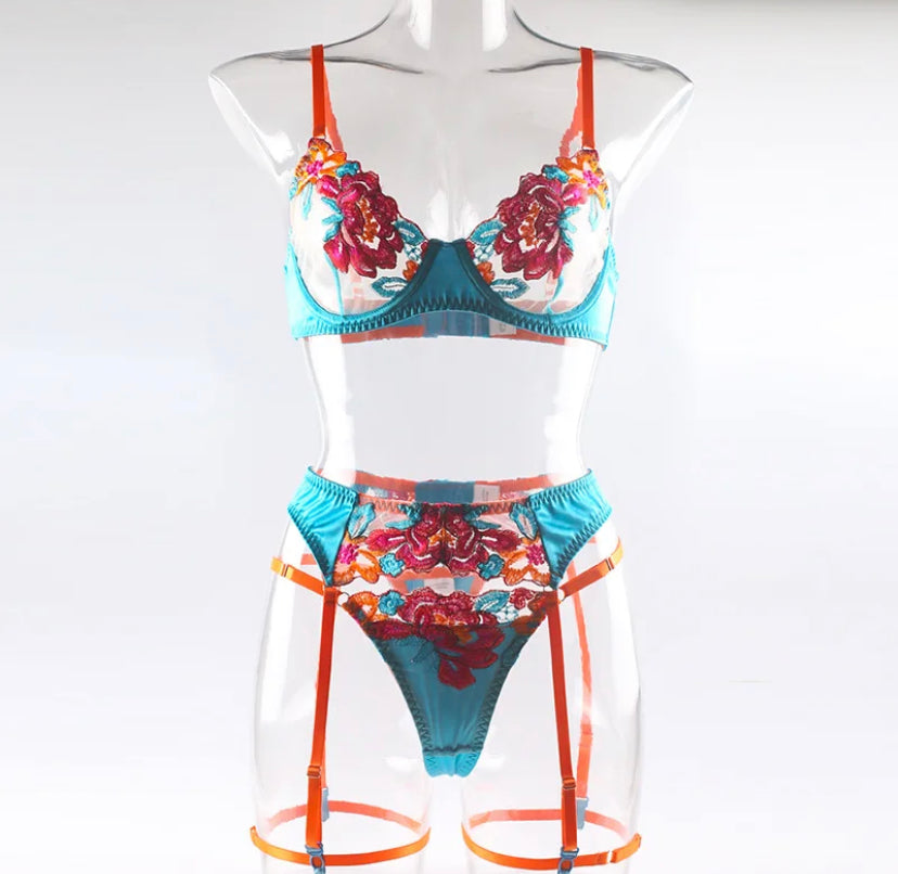 blue orange floral sexy luxury 3 piece lingerie set