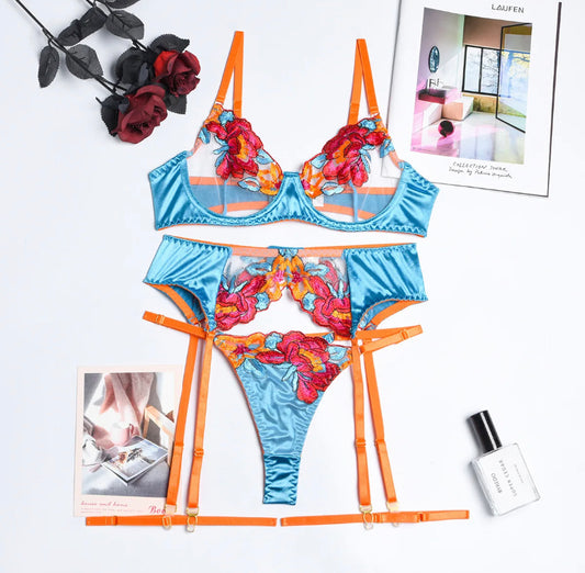 blue orange floral sexy luxury 3 piece lingerie set